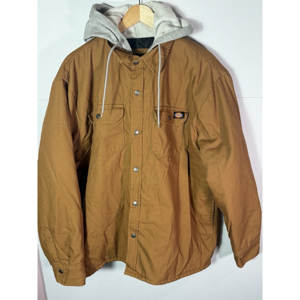 Dickies Hooded Jacket Mens 2XL Brown Canvas Work Coat Quilted Lined